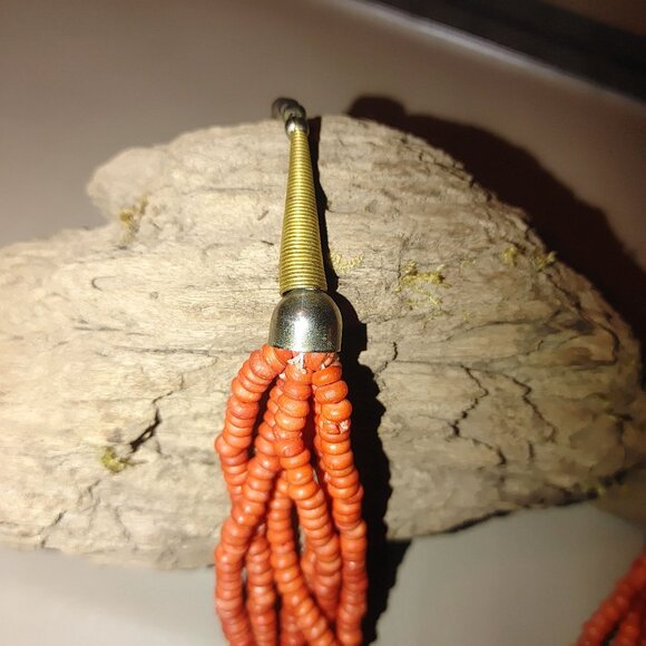 Orange Native Necklace Vintage 6 Multi Strand Glass Coral Brass Circular Pendan - Picture 9 of 11